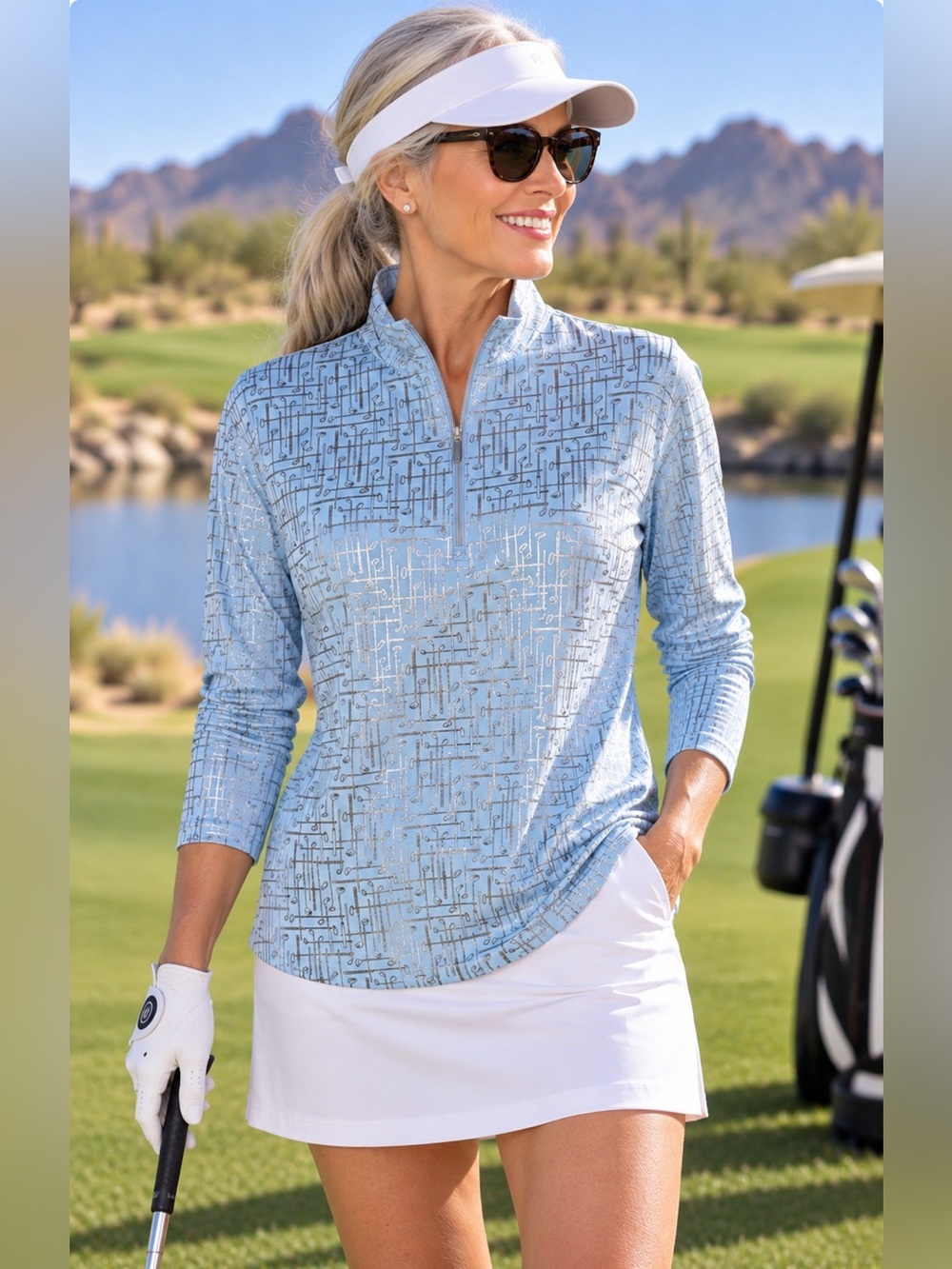 SanSoleil L Golf Top Blue Silver Metallic Club Print UPF 50+ Long Sleeve 1/4 Zip